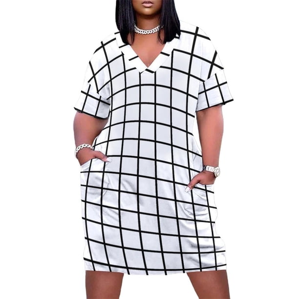 Vestido de verano holgado con bolsillos para mujer traje con estampado de ventana blanco y negro