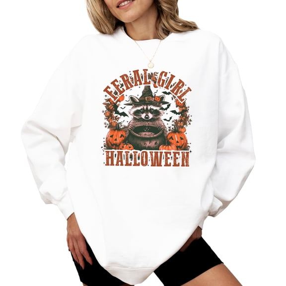 Feral Girl Halloween Raccoon Graphic Sweatshirt for Women Trendy Fall Witchy Raccoon Pullover White Sweatshirt Adult X-Large
