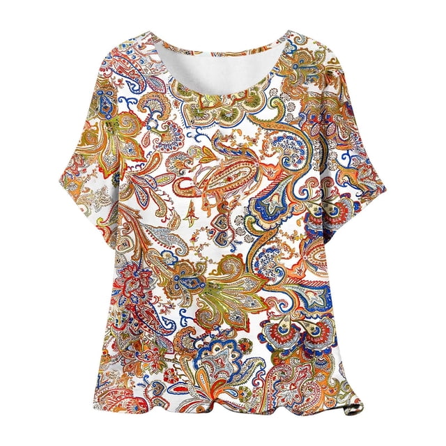QTOCIO Hauts Décontractés pour Femmes, Hauts d'Été pour Femmes, Blouse à Manches Courtes Imprimée Mode pour Femmes, T-Shirt Col Rond