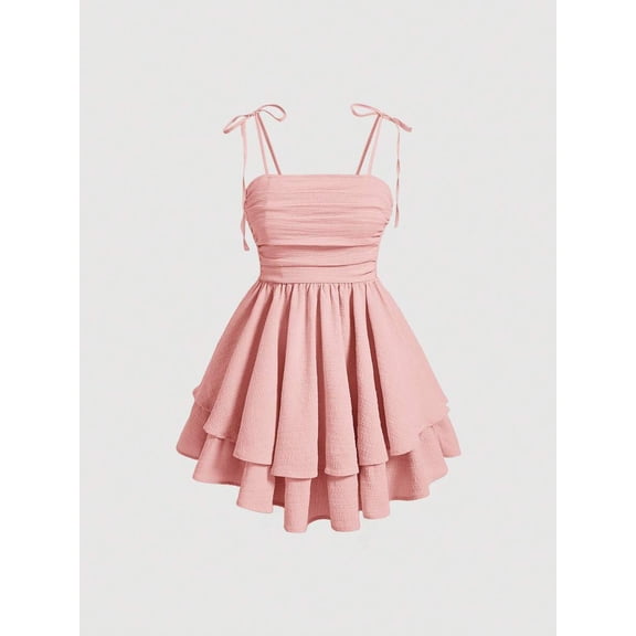 Dusty Pink Ruched Tie-Shoulder Pleated Mini Dress For Women