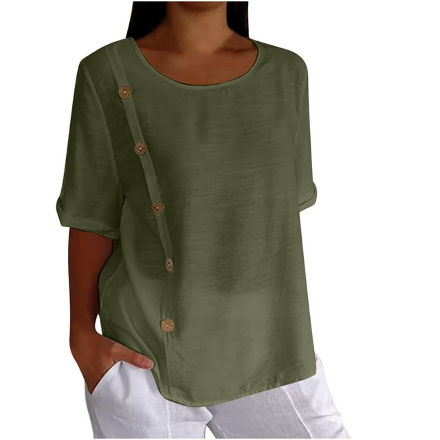 Timegard Hauts pour Femmes en Coton et Lin Été Manches Mi-Longues Col Rond à Boutons Chemises Décontractées Amples Haut Blouse
