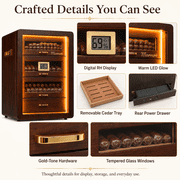 Marvero Desktop Cigar Humidor with Glass Door, 200 Count, Walnut Finish, LED Light, Digital Hygrometer, Cedar Drawers