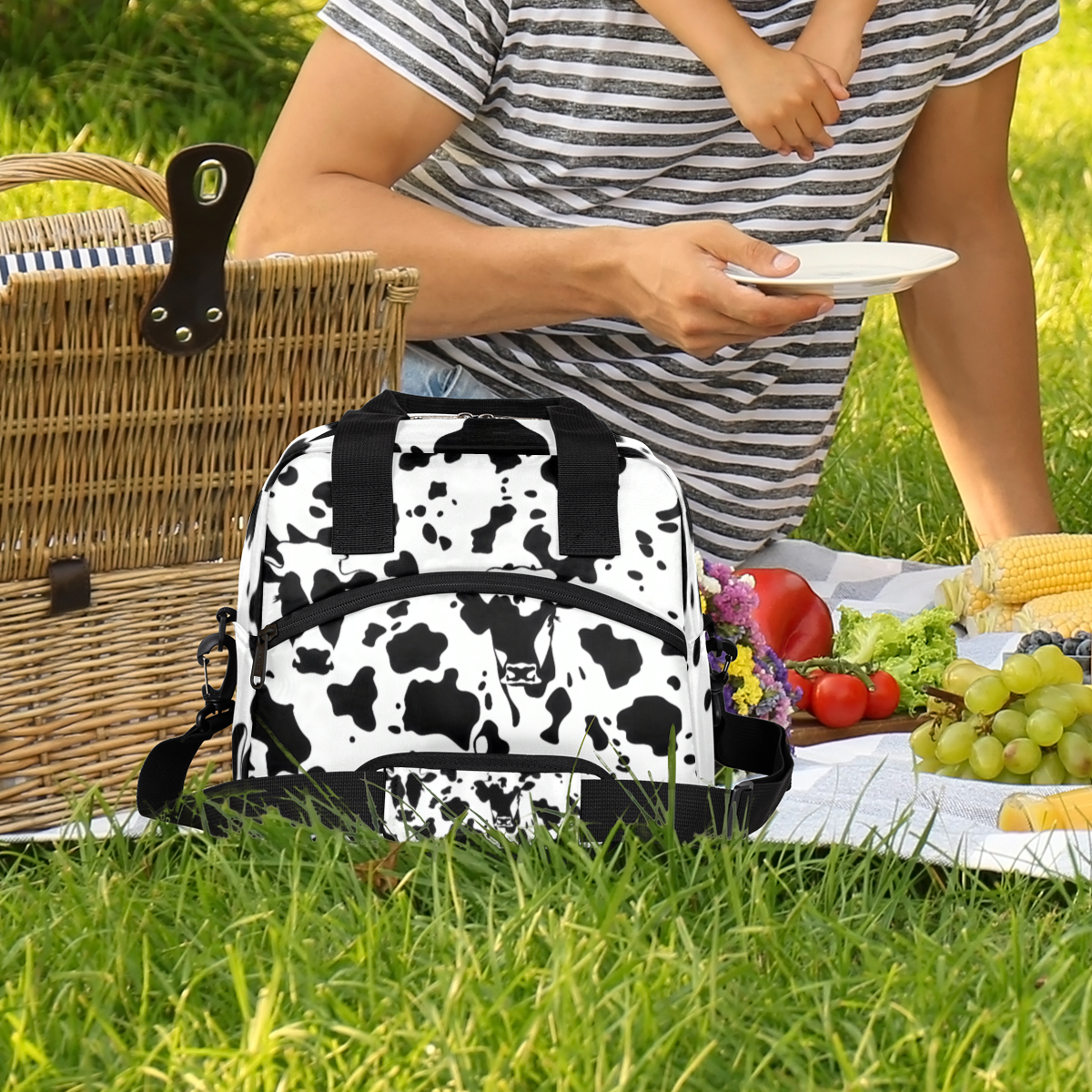 Herdesigns Funny Cow Print Insulated Lunch Bag for Women Men Adults Large Reusable Lunch Box Leakproof Portable Cooler Tote Bags with Adjustable Shoulder Strap