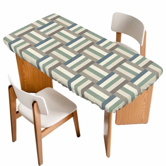 Green Stripes Texture Table Cloths for 6 Foot Rectangle Tables, Retro Minimalist Geometric Lines Art Patio Waterproof Elastic Fitted Tablecloths, Washable Rectangular Table Cover for Camping