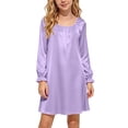 thumbnail image 2 of Girls Satin Nightgown Long Sleeve Ruffle Cuff Crewneck Dress Kids Casual Comfy Loose Outfits for Lounge Wear Purple 9-10 Years, 2 of 8