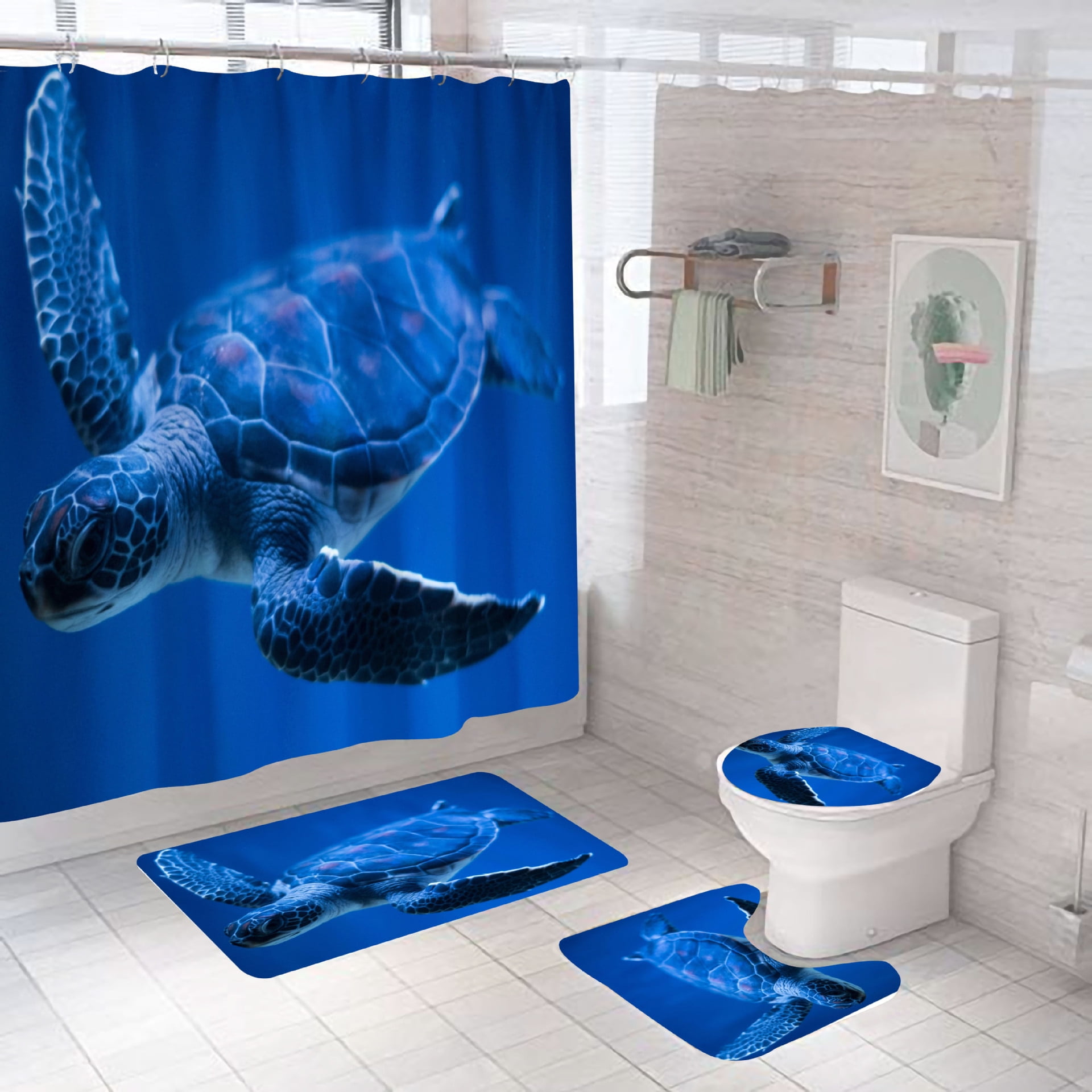 4Pcs/Set Sea Turtle Bathroom Shower Curtain Bath Toilet Mat Cover Waterproof US 