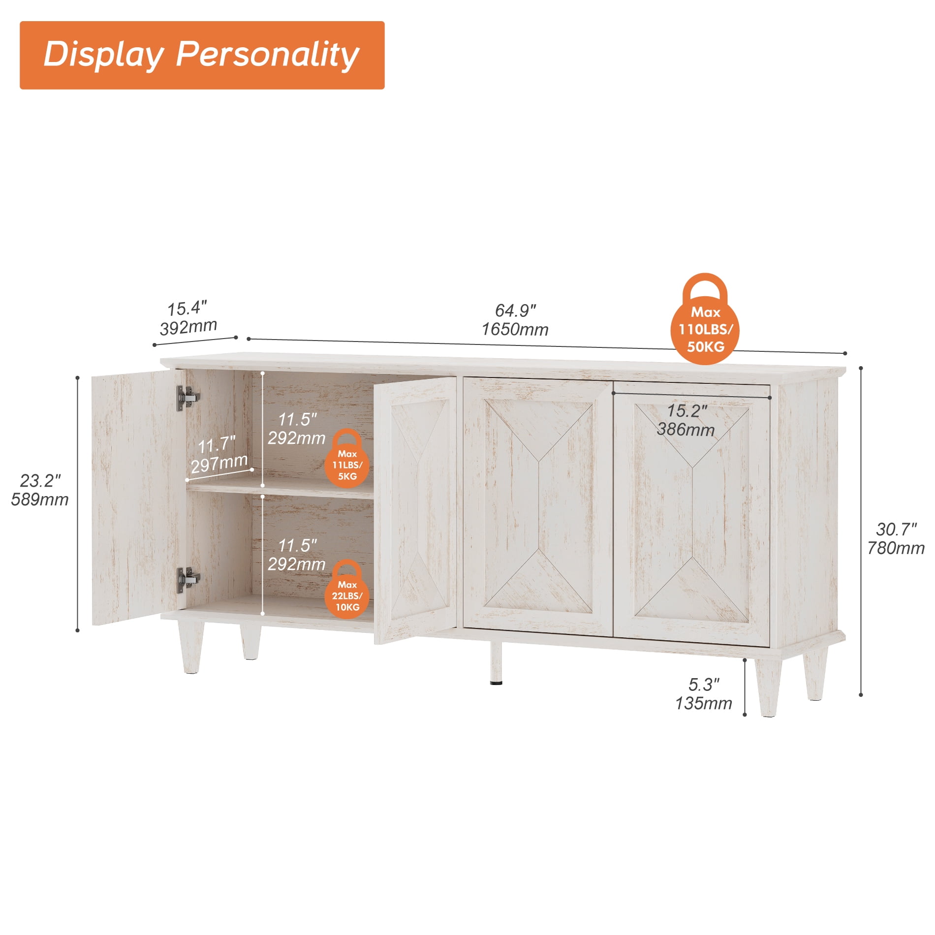 WAMPAT Handcrafted Patchwork Console Table for 55-75 inch TVs,65-inch Modern Farmhouse TV Stand Entertainment Center with Cable Management & Adjustable Storage Shelves, Pale Oak