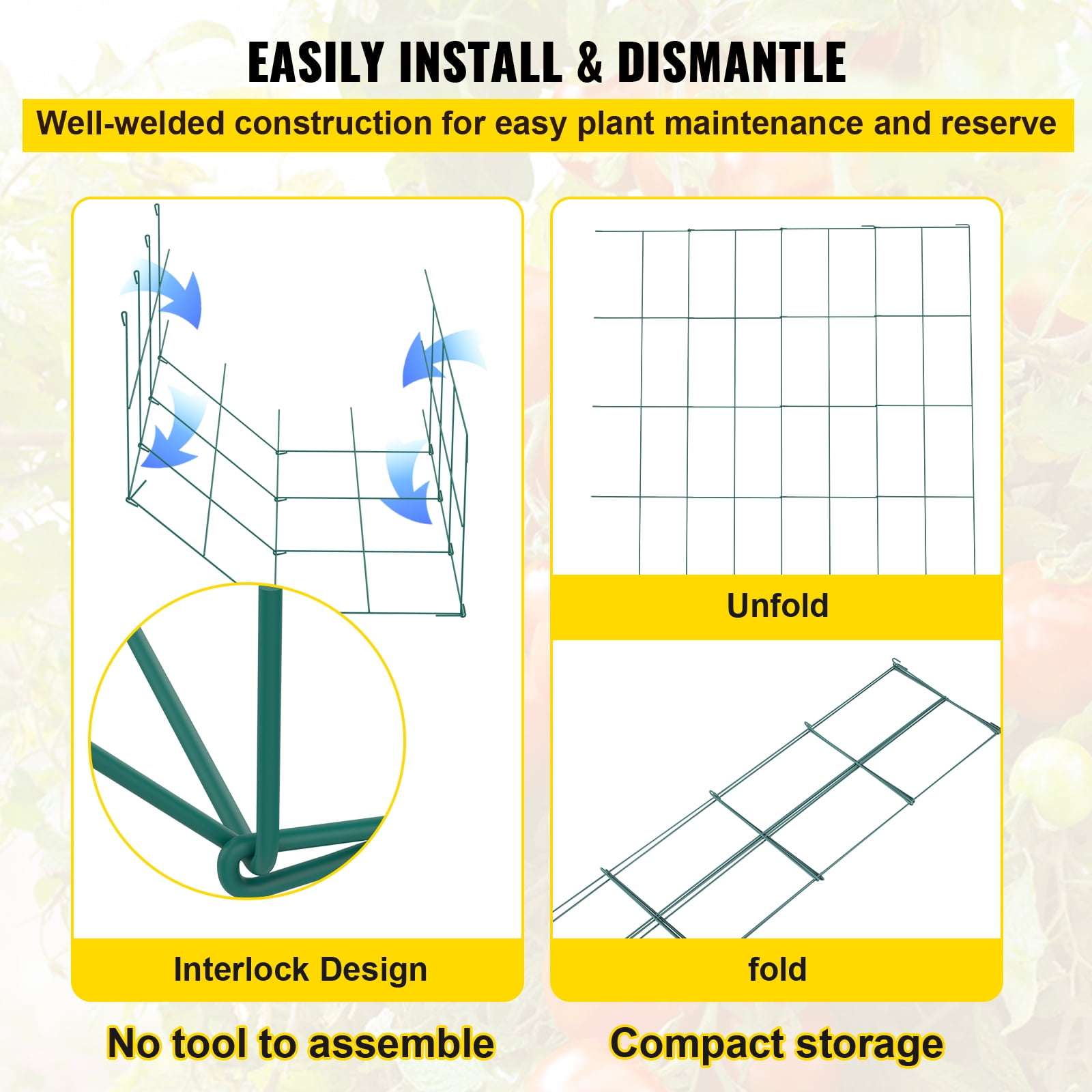 KFFKFF Square Tomato Cages, 14.6" x 14.6" x 39.4", Set of 6 Green PVC-Coated Steel Plant Supports for Vegetables, Flowers, Fruits, and Climbing Plants