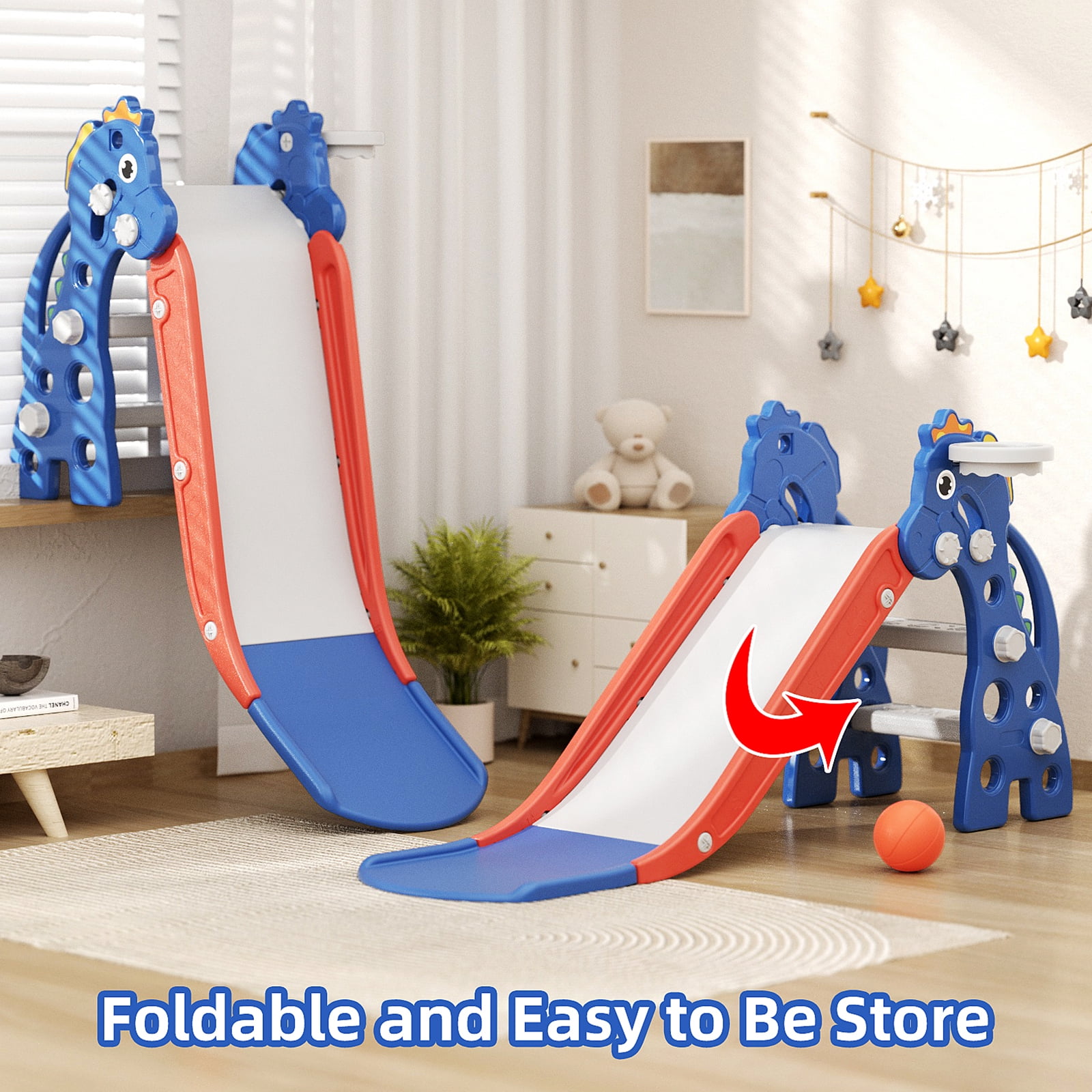 KORIMEFA Toddler Slide Indoor for Toddlers 1-3 Baby Slide Outdoor Playset with Basketball Hoop and Ball Plastic Foldable Slides for Kids Backyard Climber Set, Blue