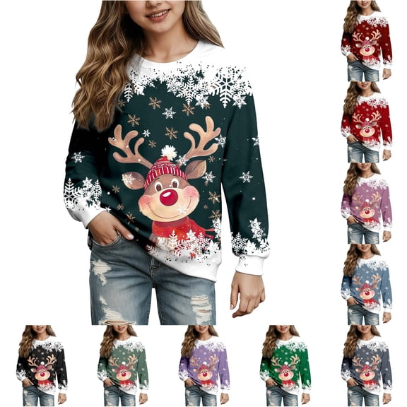 Girls Fawn Print Crewneck Sweatshirt, Long Sleeve Lined Pullover for Kids 2-14Y Christmas Party Casual Wear