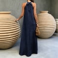thumbnail image 4 of Smsaxvxz Summer Dresses for Women Fashion Solid Crew Neck Sleeveless Casual Loose Ice Silk Crinkle Flared Maxi Dress Navy 3XL, 4 of 7