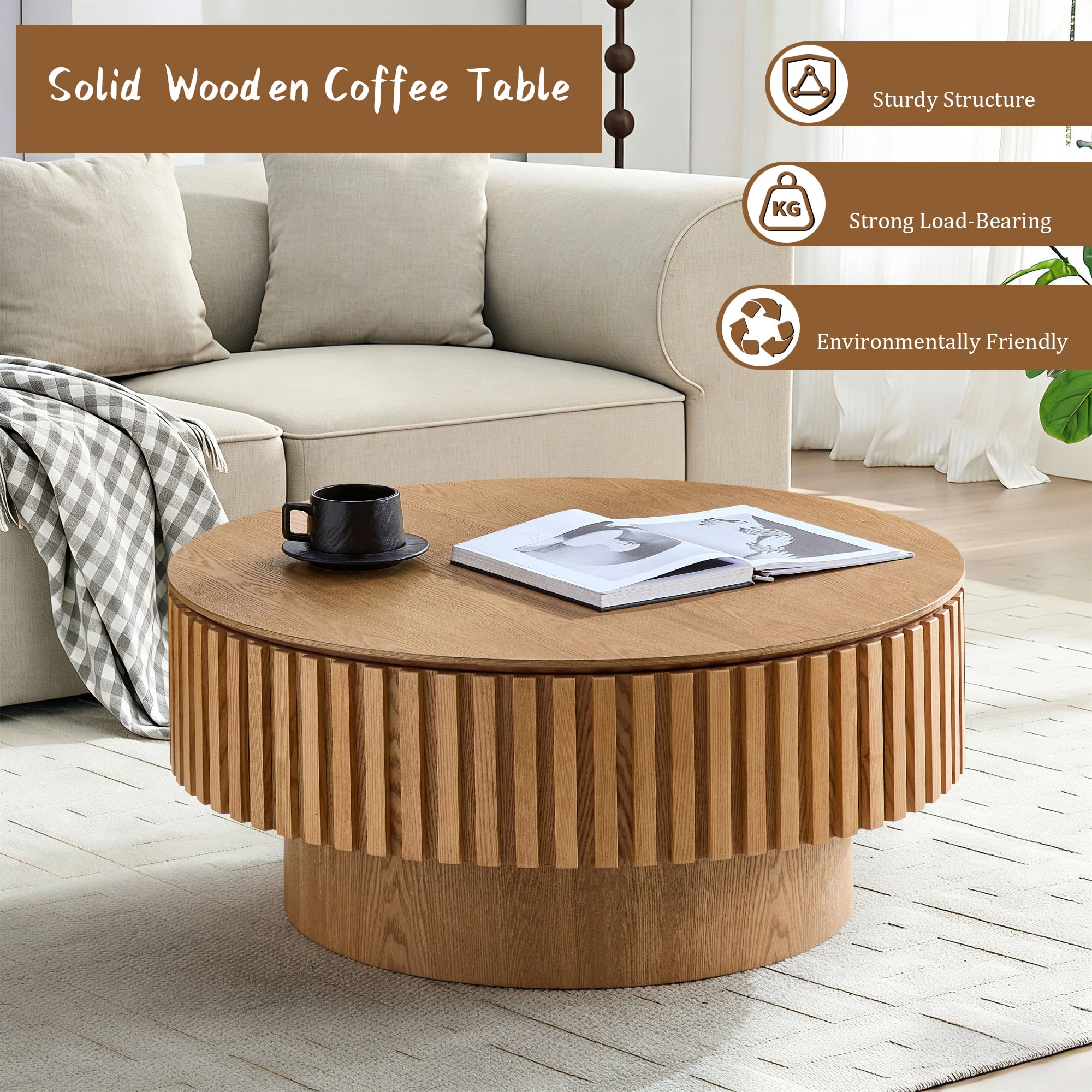 FFH 31.5" Round Coffee Table with Storage, Small Wood Coffee Table with Sturdy Pedestal for Living Room, Apartment, Ash