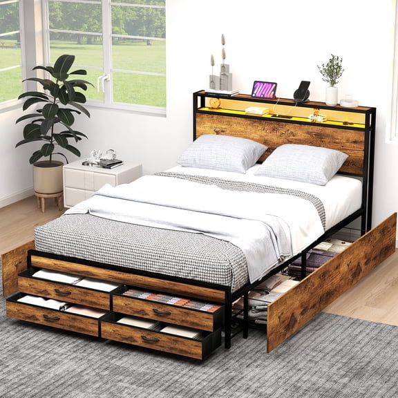 ZIVACATE Full Bed Frames with Headboard, Full Size Storage Bed Frame with 8 Drawers, Built-in Charging Ports & Outlets, Adjustable Atmospheric LED Lights, Full-Size Metal Foundation Beds, Brown