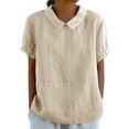 thumbnail image 2 of Cardigan Sweaters For Women Summer Solid Color Top, Cotton And Linen Short Sleeve Lapel Casual Flax Blouse 1pc , Beige 3XL, Size S-3XL, 2 of 9