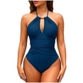 thumbnail image 3 of yoeyez Slimming One Piece Swimsuits for Womens Ruched Tummy Control Cutout Bathing Suit Backless Lace Up Halter Monokini Swim Suits Retro Swimwear Dark Blue,XL, 3 of 7