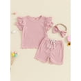 thumbnail image 5 of Aojekbee 3-Piece Toddler Girls Ribbed Set Ruffles Short Sleeve Round Neck Lacy Tops Elastic Waist Shorts Bow Hair Band Outfits, 5 of 10