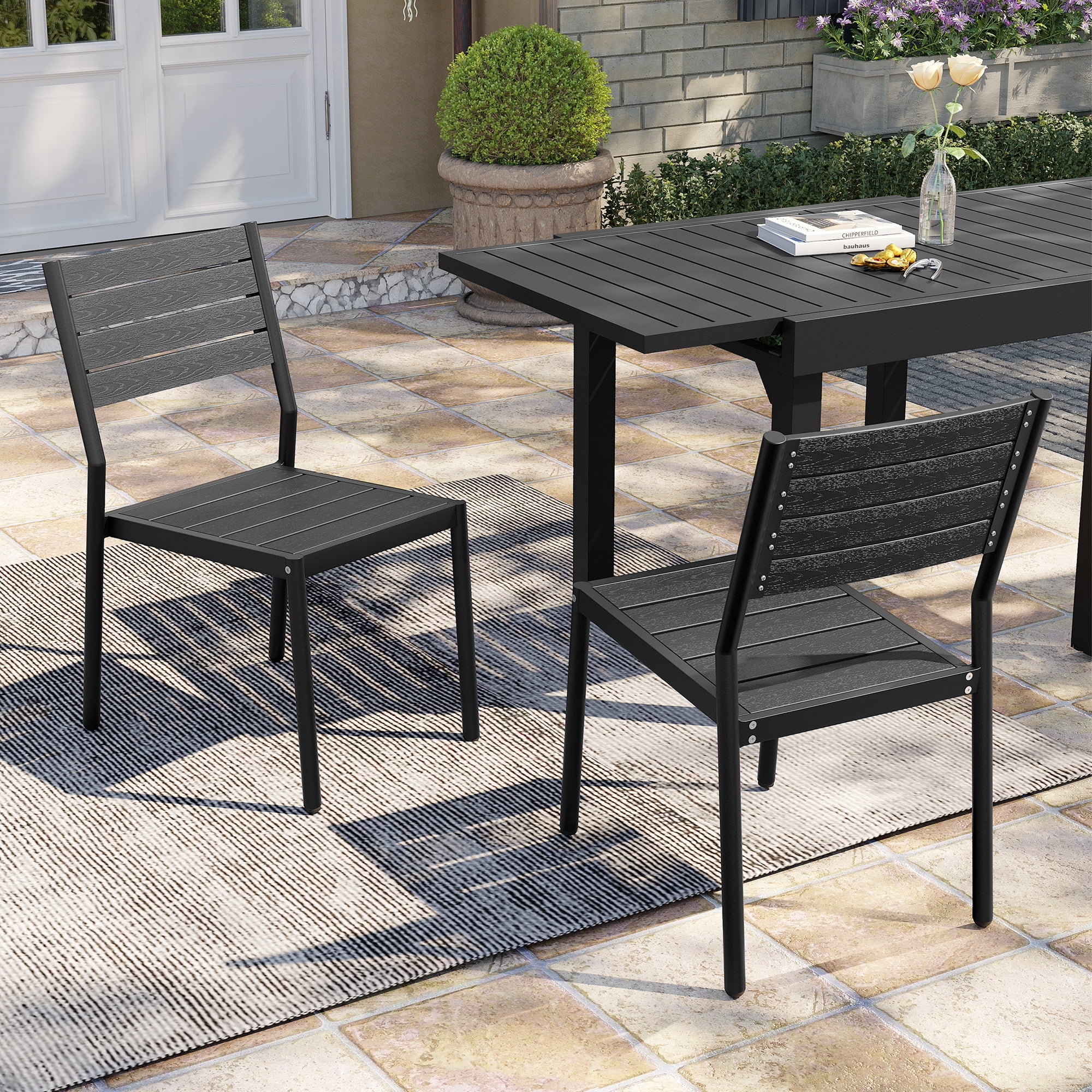 Pellebant Set of 2 Outdoor Aluminum Dining Chairs Patio Armless Chairs in Black