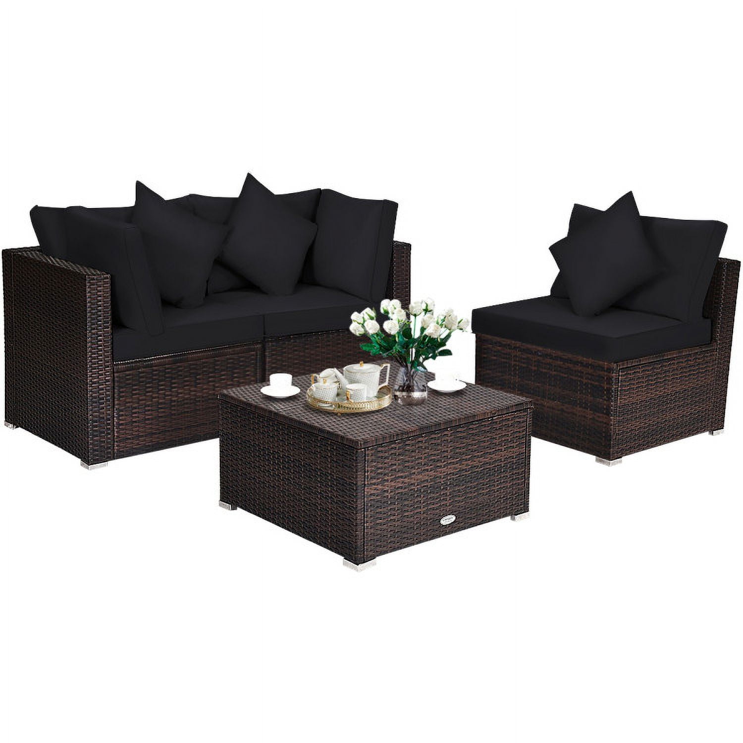 Aimee Lii 4 Pcs Ottoman Garden Deck Patio Rattan Wicker Furniture Set Cushioned Sofa, Outdoor Deck Furniture, Black