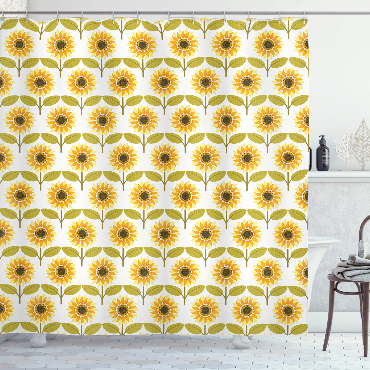 Sunflower Decor Shower Curtain Set, Sunflowers Pattern Autumn Country