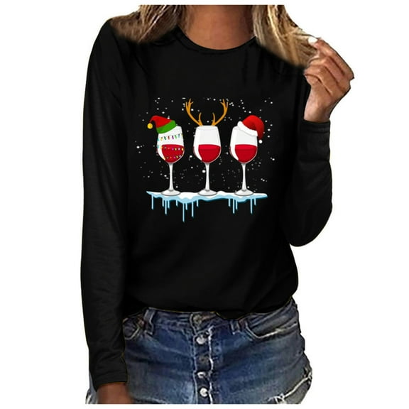 pimelu Christmas Shirts Clearance Womens Christmas Shirts Xmas Fashion Wine Glasses Print Graphics Pullover Blouses Loose Comfy Lightweight Crewneck Long Sleeve Tee Tops