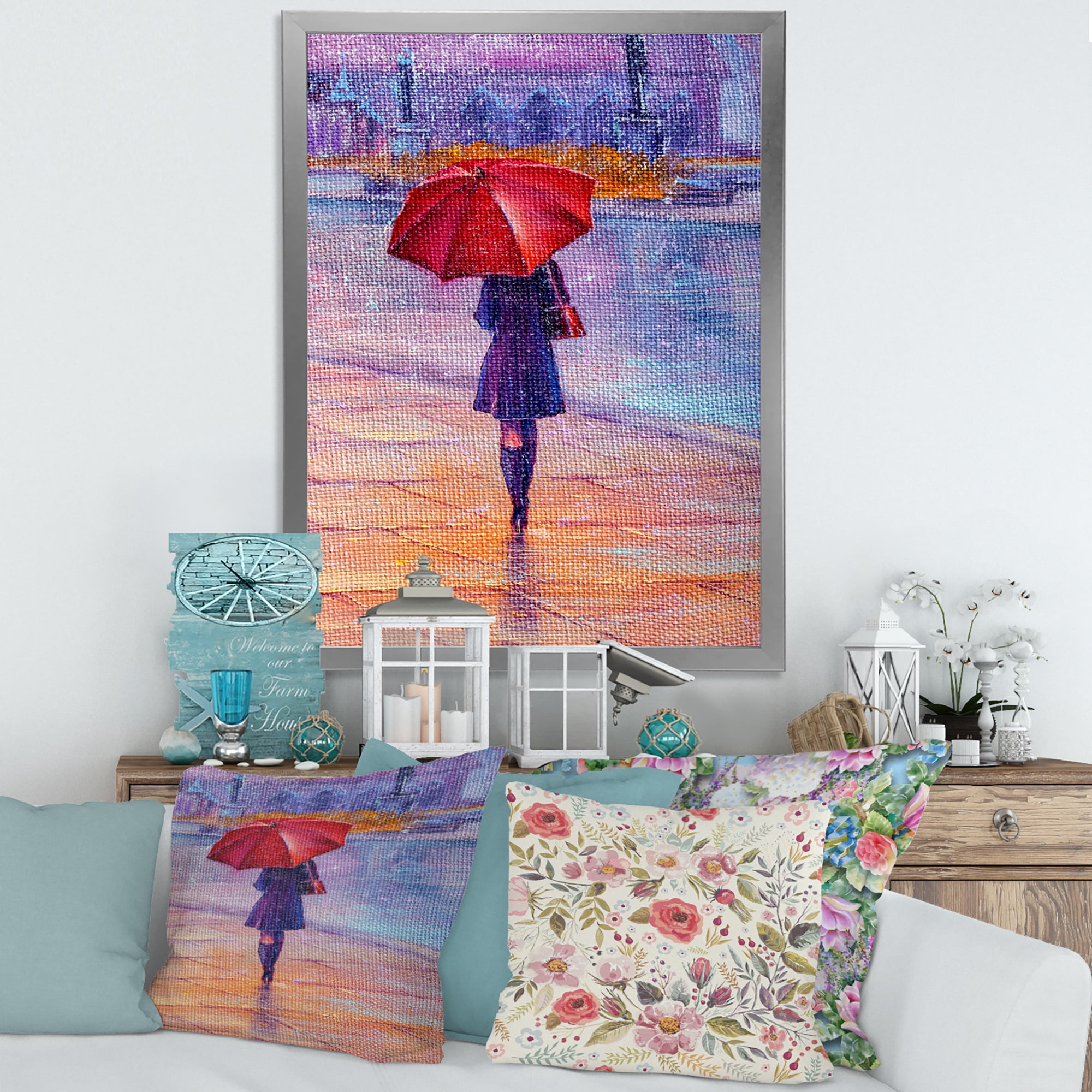 Designart 'Girl Walking With Red Umbrella Under The Rain' French Country Framed Art Print