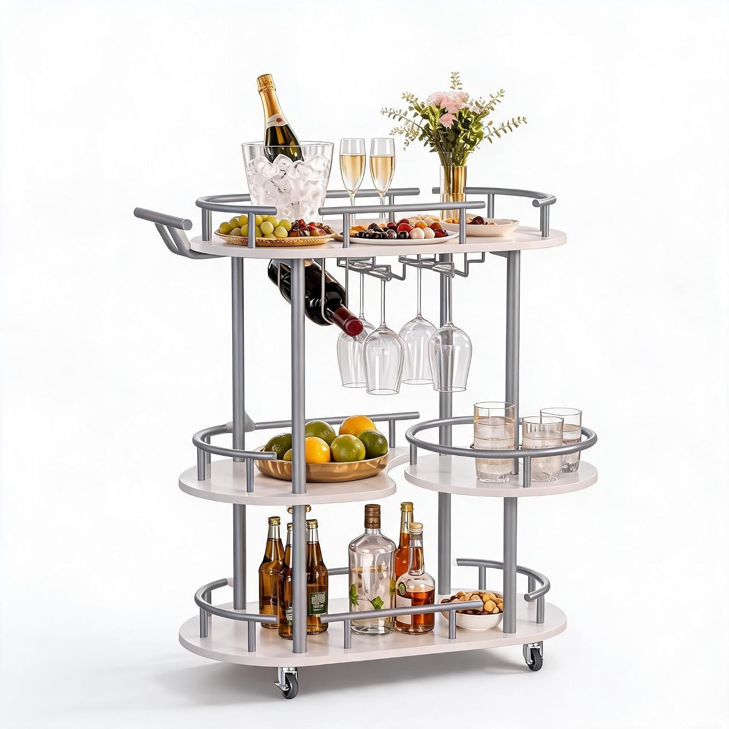 Mobile 3-Tier Serving Cart with Built-in Wine Rack & Glass Holder – 360° Rotating Shelves Industrial Metal Frame Marble-Grain Rolling Cart for Coffee Bar Mini Bar Dining Room