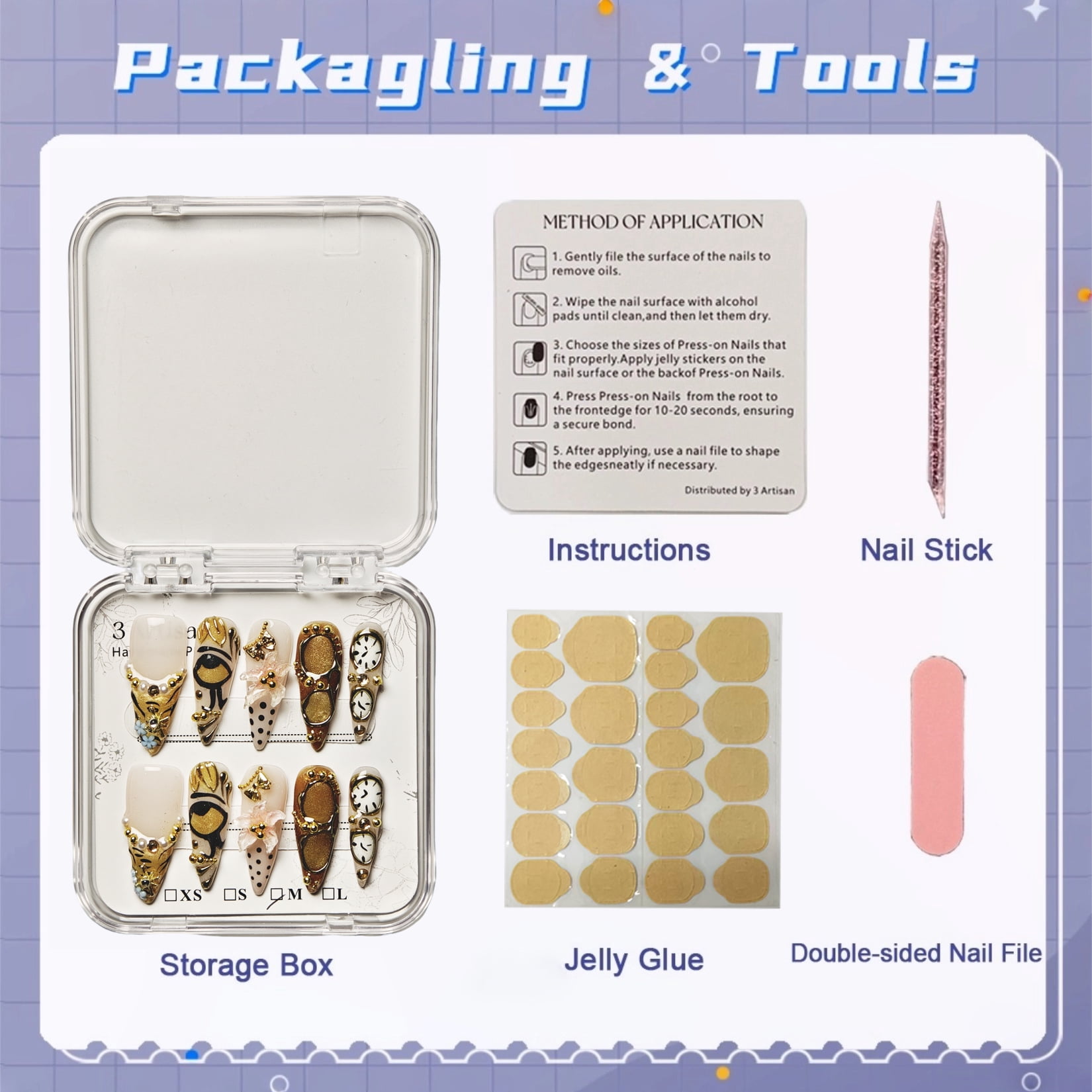 Handmade Press-on Nails with Gold Accents and 3D Artistic Design