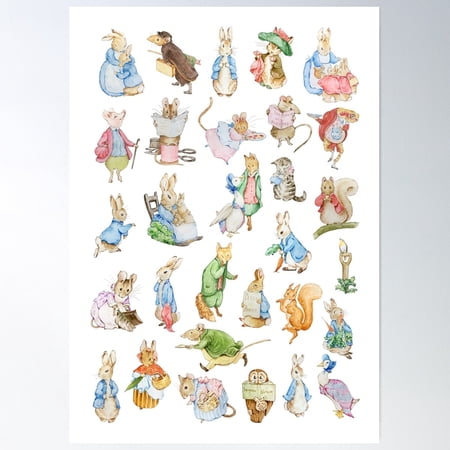 Nursery Characters, Peter Rabbit, Beatrix Potter Collage Poster Wall Art, Modern Wall Decor For Living Room Bedroom, 12x18 UNFRAMED