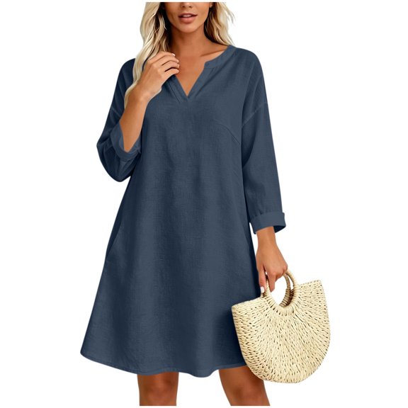 Bosfbaoi Linen Dresses for Women V Notch Neck 3/4 Roll Sleeve Loose A‑Line Short Dress with Side Pockets