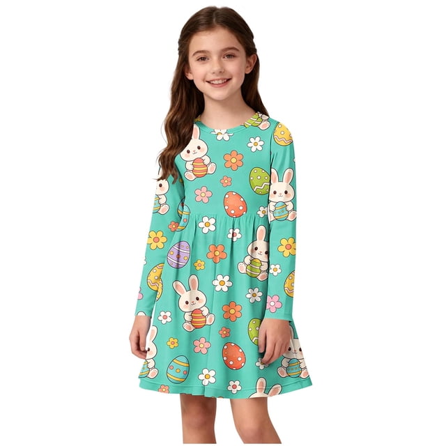 EGNMCR Robe à Manches Longues Col Rond Filles Robe Extensible à Manches Longues Robe Évasée Patineuse Robe de Récital Scolaire Robe à Manches Longues Col Rond Fille Robe en Polyester