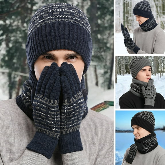 AYYUFE 3Pcs/Set Women Men Knitting Beanie Hat Gloves Scarf Set Contrast Color Fleece Lining Woolen Yarn Knitted Neck Gaiter Hat Mittens Set