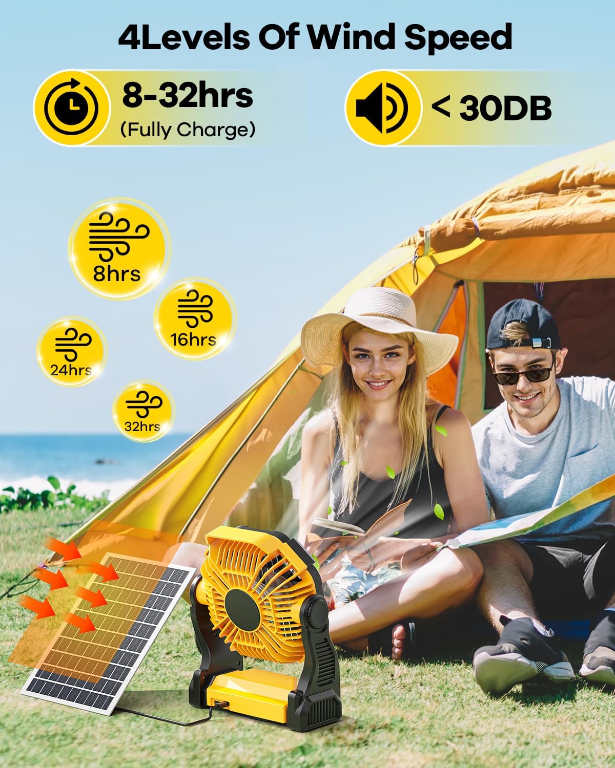 10400mAh Solar Fan, Camping Fan with 7W Solar Panel, Rechargeable Solar Powered Fan with LED Lantern,Portable Battery Operated Fan for Travel Picnic, Barbecue, Fishing,Outdoor＆Indoor