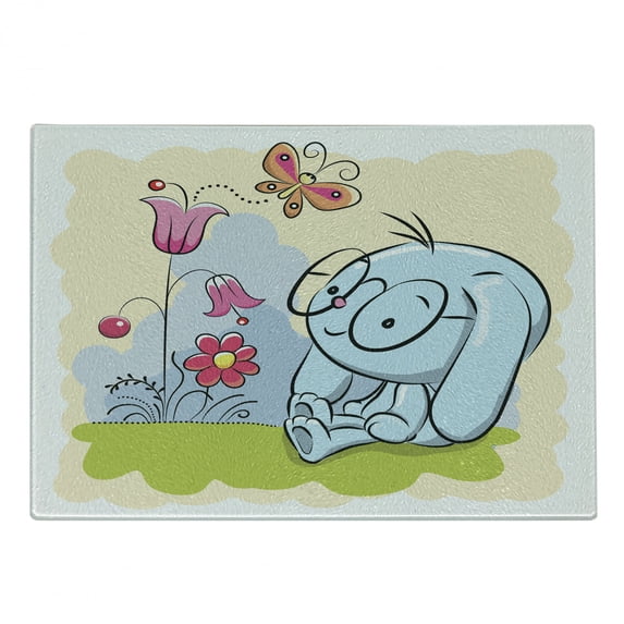 Butterfly Cutting Board, Clever Rabbit Enjoying the Nature with Butterflies Tulips Daisies Art Print, Decorative Tempered Glass Cutting and Serving Board, Small Size, Multicolor, by Ambesonne