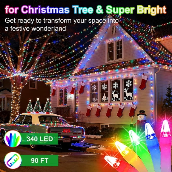 JINYUN-340 LED 90FT Christmas String Lights Outdoor, 12 Pro Modes and Timer Memory & Brightness, Plug in Outdoor Waterproof Clear Wire Twinkle Light for for Xmas Yard Tree Wedding Party Decor (Multic