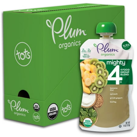 Plum Organics Mighty 4 , Organic Toddler Food, Banana, Kiwi, Spinach, Greek Yogurt & Barley, 4oz Pouch (Pack of