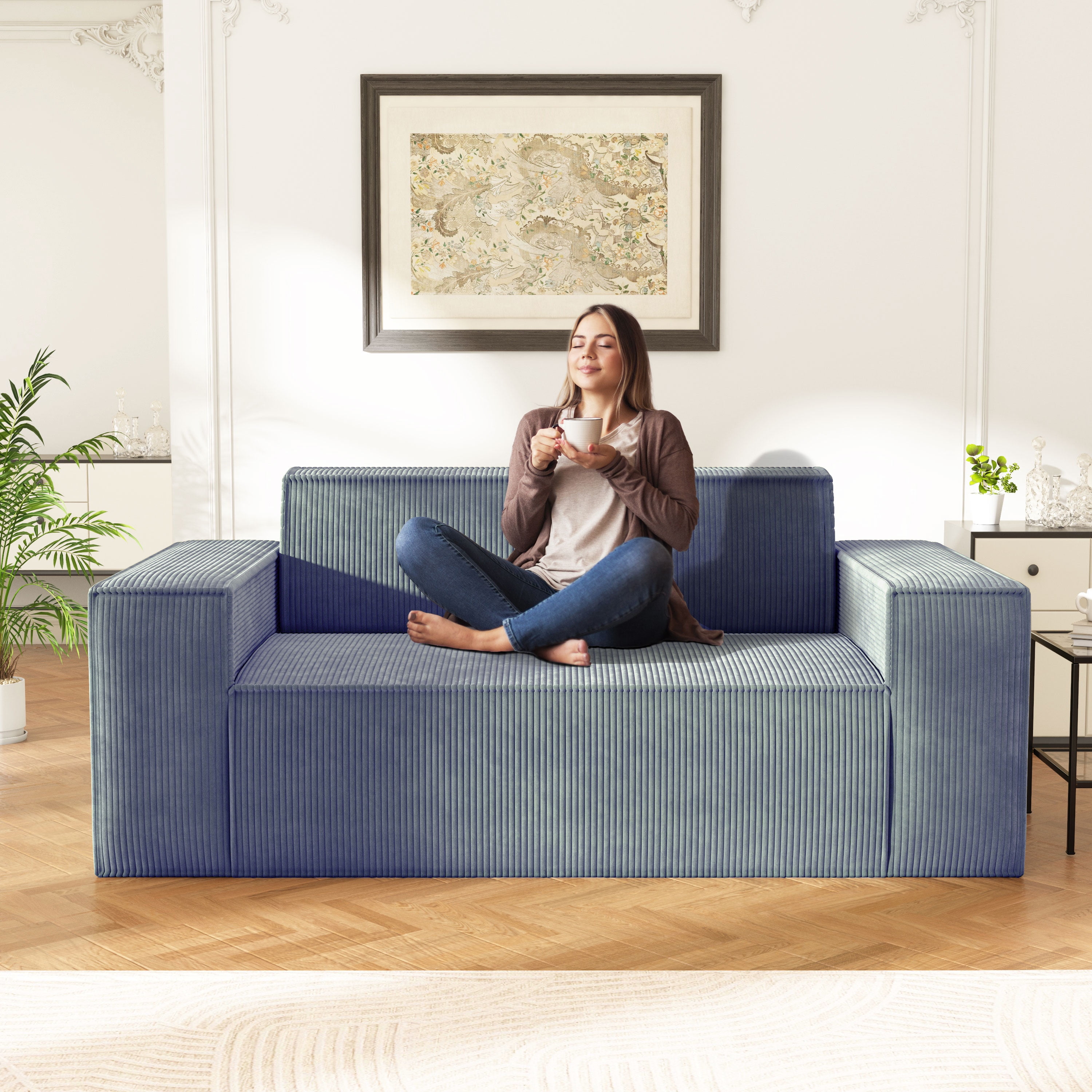 Sofa-in-a-Box, Memory Foam 3-Seater Couch, No Installation & Easy to Transport, Deep Seat Modern Sofa with Corduroy Fabric, Couch for Living Room, Bedroom, Apartment, Home Office,Grey