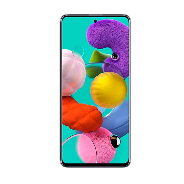 samsung galaxy a51 128gb blanco desbloqueado 4gb ram, vista frontal centrada de 6.5 pulgadas Super AMOLED con pantalla perforada para cámara selfie de 32MP, marco delgado plateado y color blanco, admite microSD hasta 1 TB; suele usarse también como dispositivo principal para fotografía móvil y multitarea.