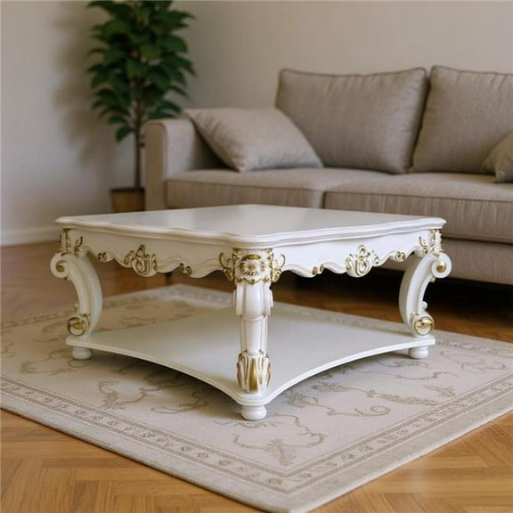 HomeRoots 572288 58 in. Ivory & Gold Wood Square Coffee Table with Shelf