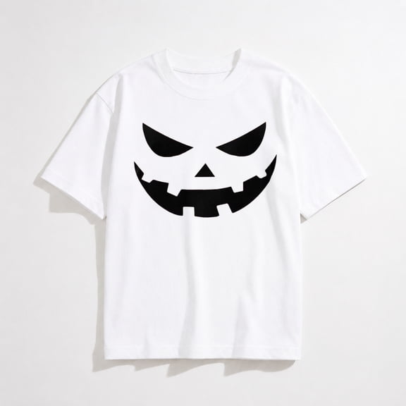 Women's Jack-O'-Lantern Face Halloween Graphic T-Shirt, Pumpkin Short Sleeve Tee