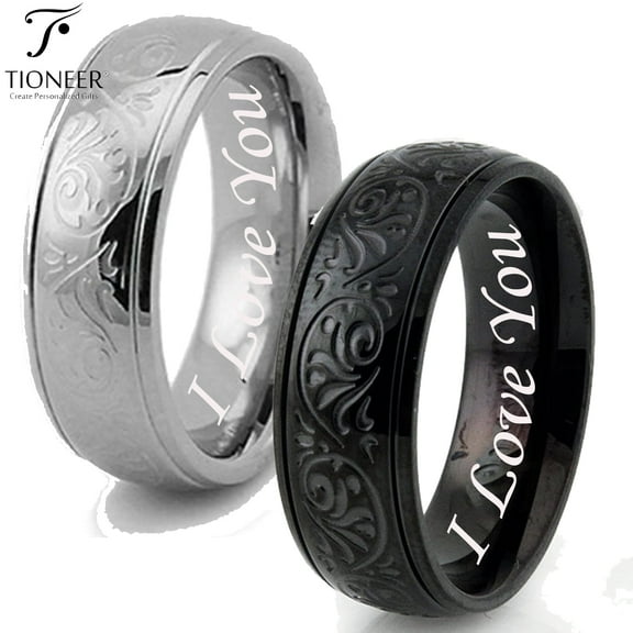 Tioneer Stainless Steel 316L Embossed Filigree Silver Black CZ Wedding Band I Love You Engraved 8mm
