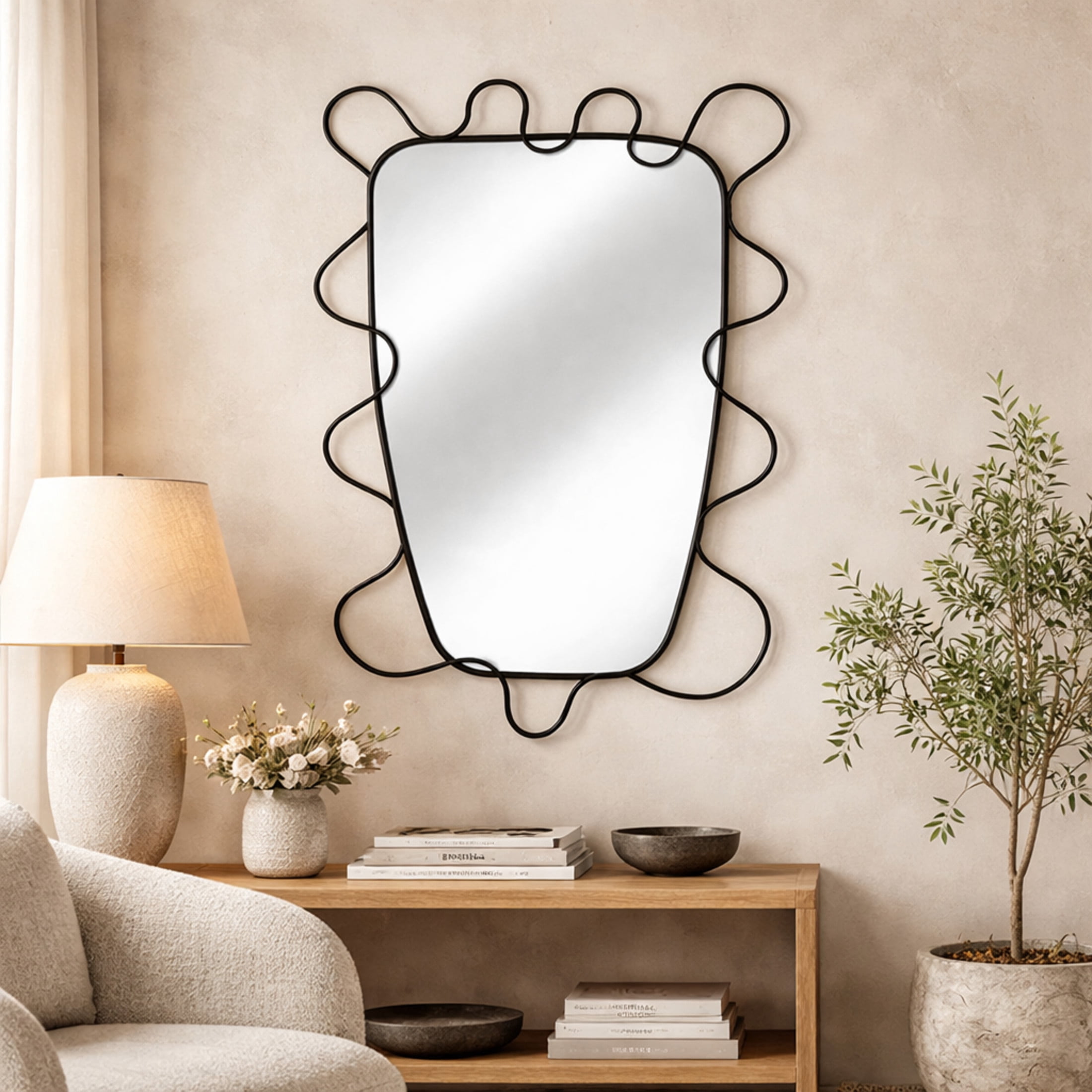DecMode 26" x 39" Black Wall Mirror with Wavy Edges