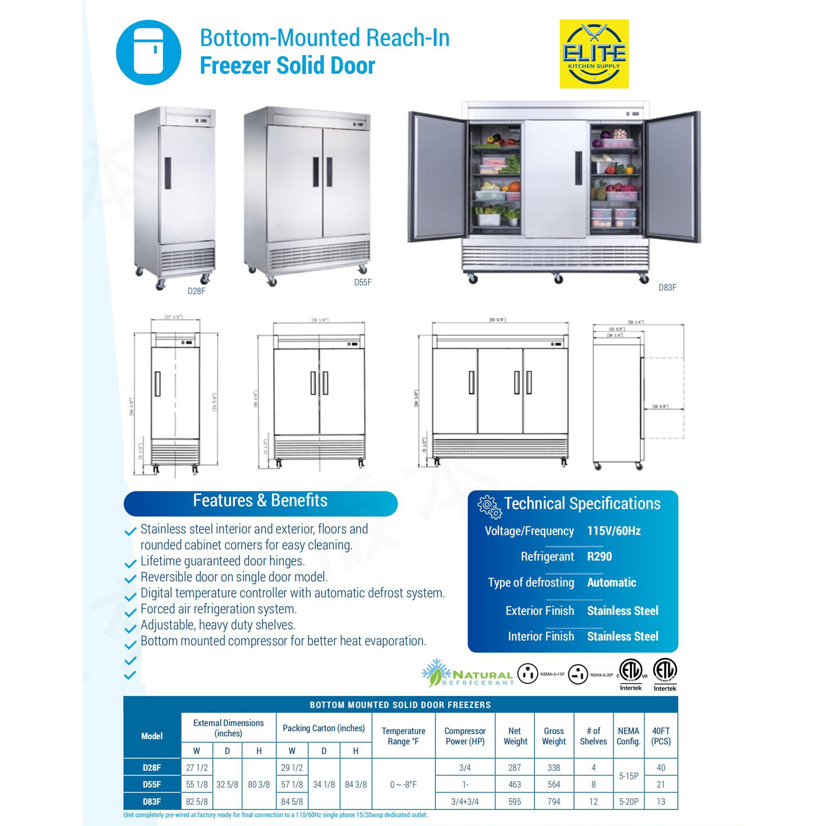 54 in. Heavy Duty Stainless Steel Two Door Upright Reach-in Commercial Freezer 40.7 Cu. Ft. NSF ETL