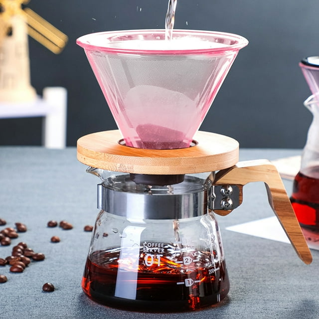 Vaidha Filtre à Café Café Tasse Filtre en Verre Coloré Tasse Portable en Verre pour Café Infusé à la Main Goutte à Goutte Filtre Réutilisable Base en Bois Amovible