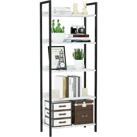 Bookshelf, 5 Tier Bookshelves, Home Office Bookcase Shelf Storage Organizer, Free Standing Storage Shelving Unit for Bedroom, Living Room and Home Office, White Marble