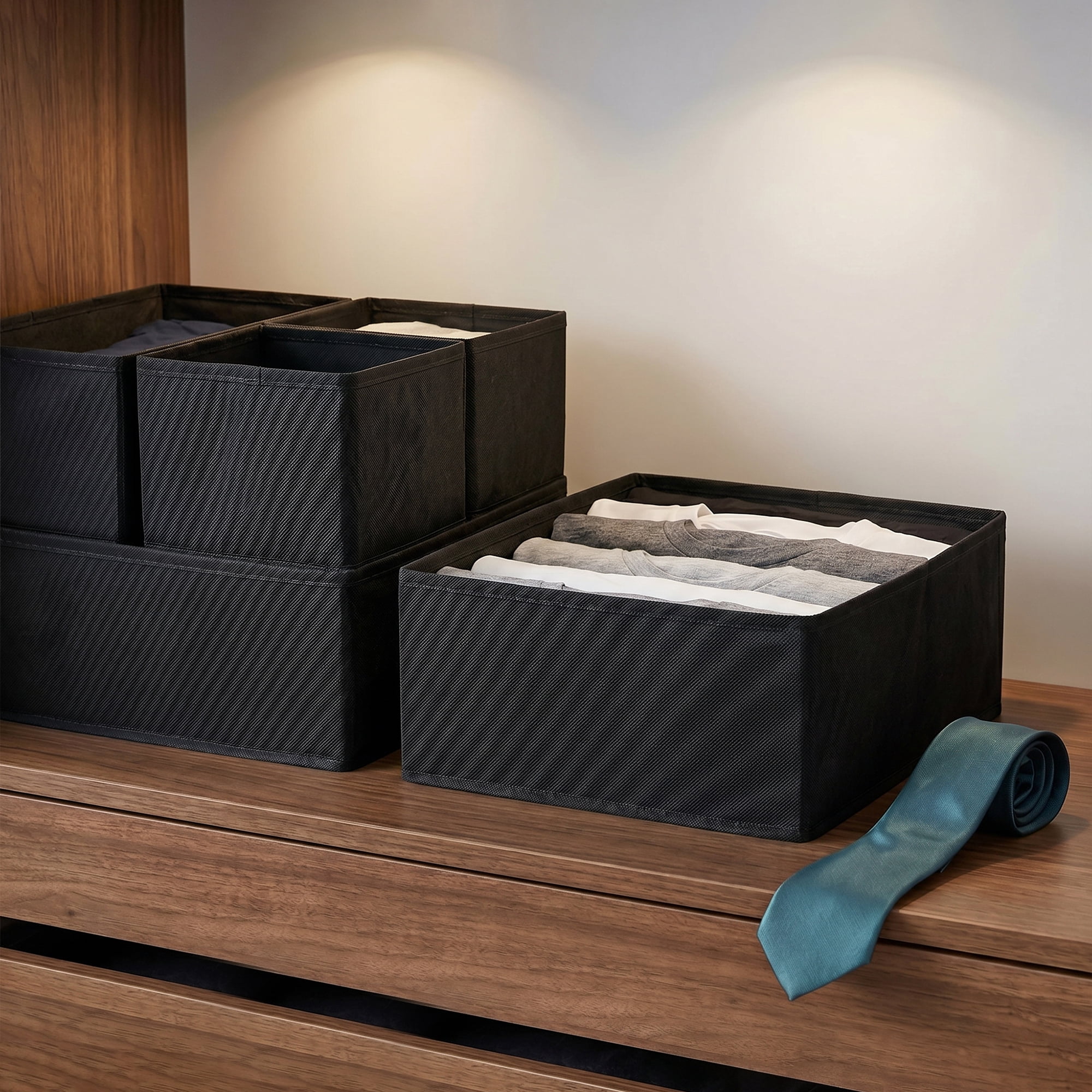 Unique Bargains Collapsible Storage Bin with Zipper for Shelves Closet Black 6PCS