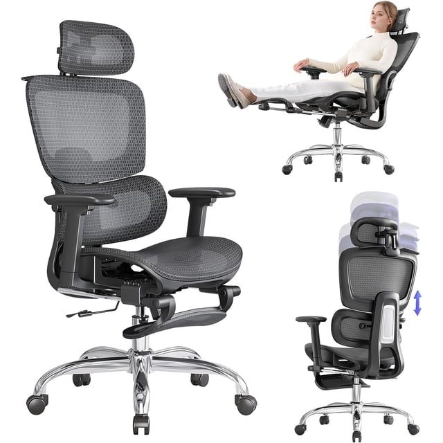 Office Chair with Footrest Ergonomic Chair with Headrest Computer Chair with Adjustable Backrest &; Armrest Gaming Chair with Adaptive Lumbar Support Mesh Backrest &; Cushion