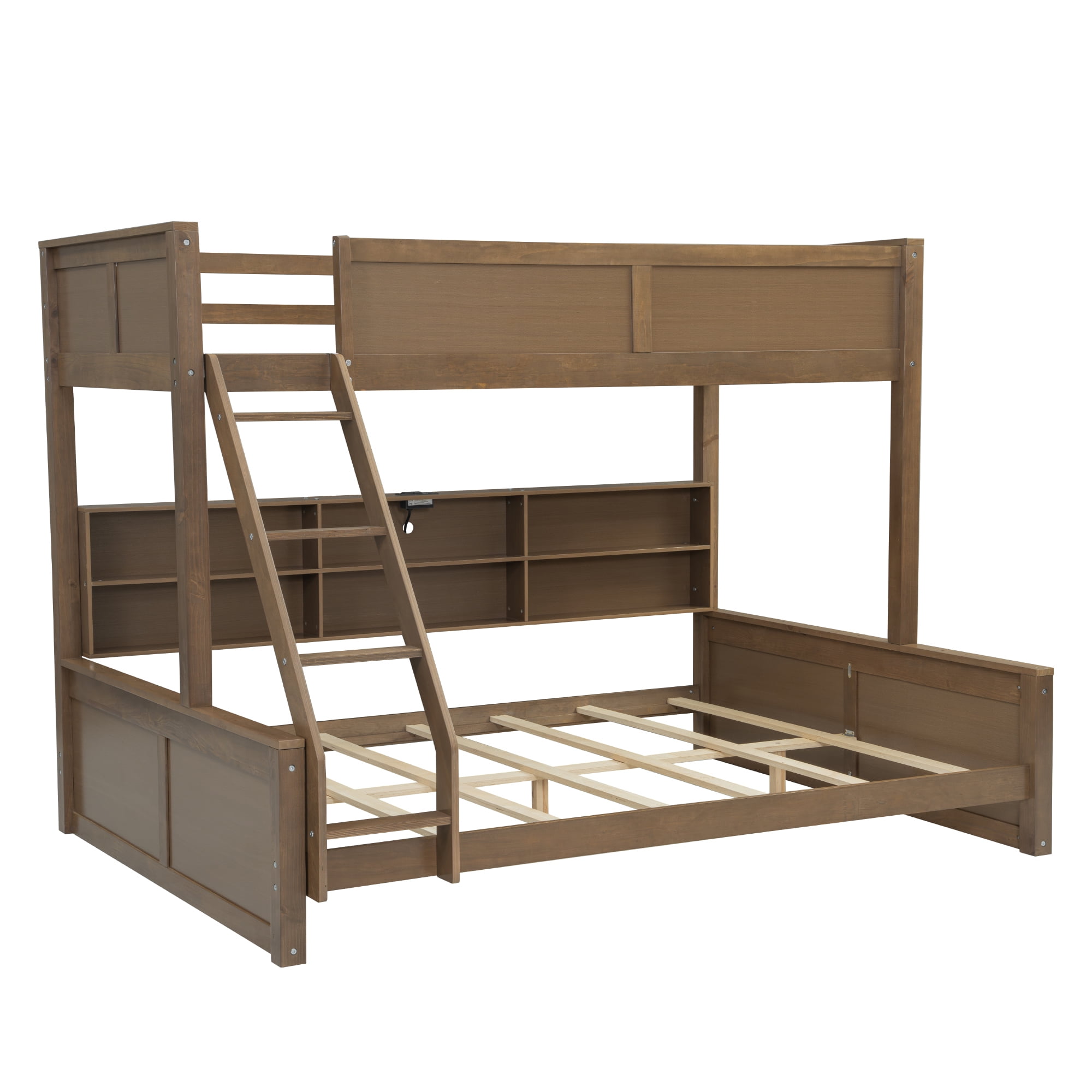 Twin XL over Queen Bunk Bed, Solid Pine Wood Bunk Bed with Built-in Storage Cabinets, Charging Station, Ladder,Safety Guardrails, No squeaking for Teens & Adults
