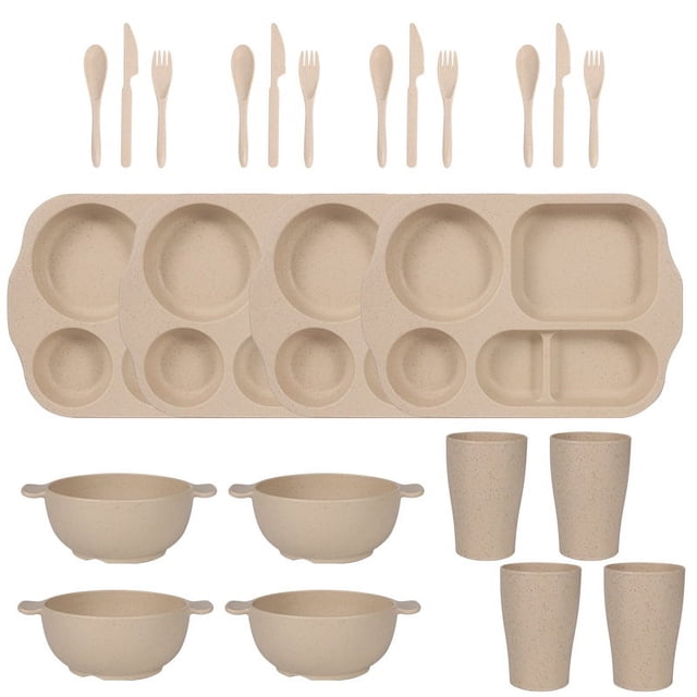 Nvzi 24Pcs Wheat Straw Dinnerware Cutlery Sets, Divided Plates Unbreakable Bowl Microwave Dishwasher Safe Tableware Cutlery -Beige