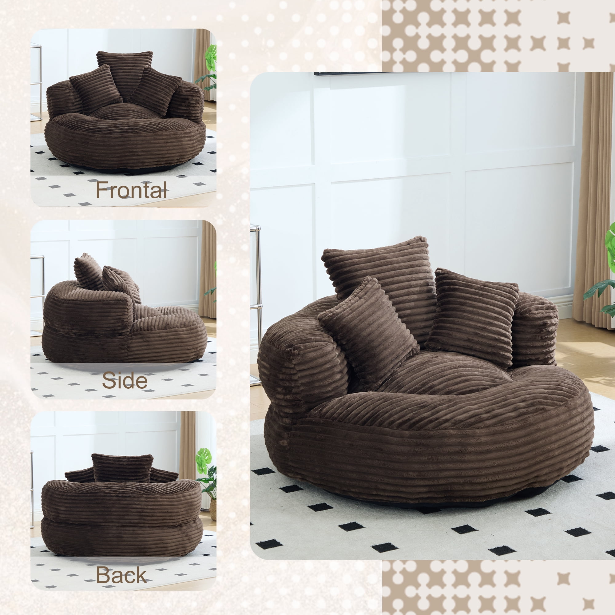 Aukfa 42.5"W Oversized Round Chaise Lounge Chair Indoor, Corduroy Floor Sofa with 3 Pillows, 550 lbs, Coffee