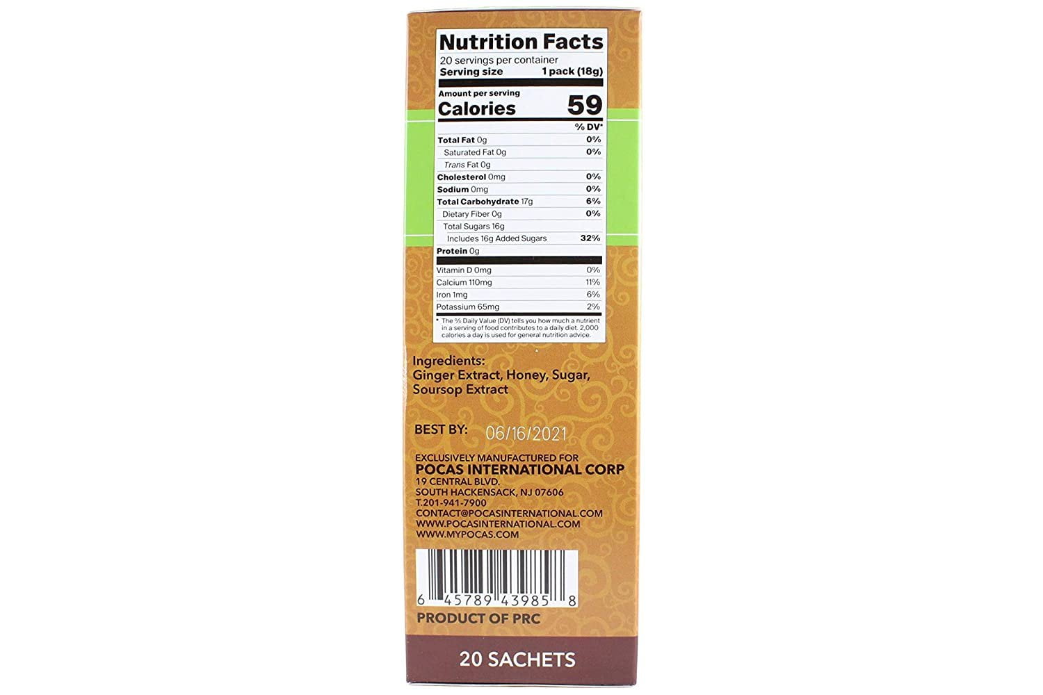 Pocas Instant Honey Ginger Tea Soursop Flavor 20 Sachets Pack of 2